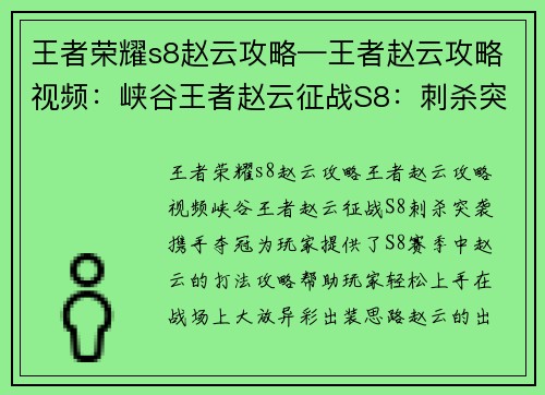王者荣耀s8赵云攻略—王者赵云攻略视频：峡谷王者赵云征战S8：刺杀突袭，携手夺冠